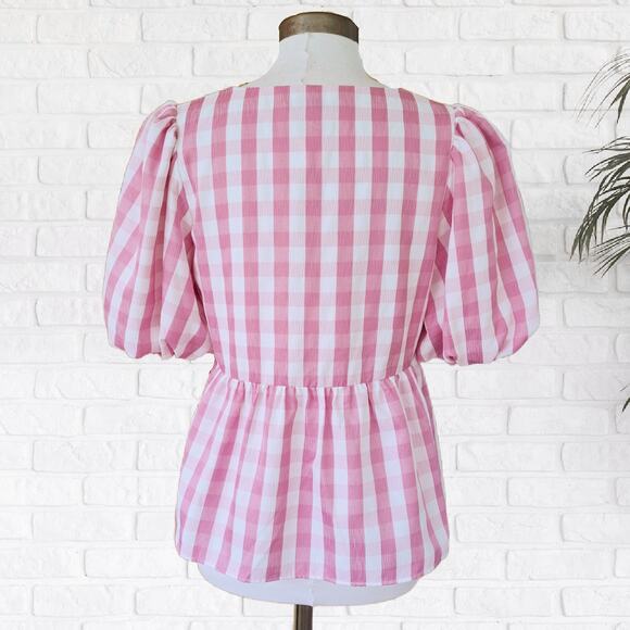 CROSBY Mollie Burch Jackie Puff Sleeve V-neck Top Medium Pink White Gingham - Picture 4 of 10
